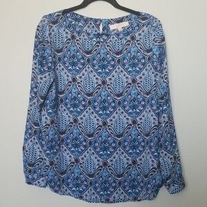 Loft Office Classy Boho Patterned Roll Tab Sleeve Boatneck Blouse Size Small